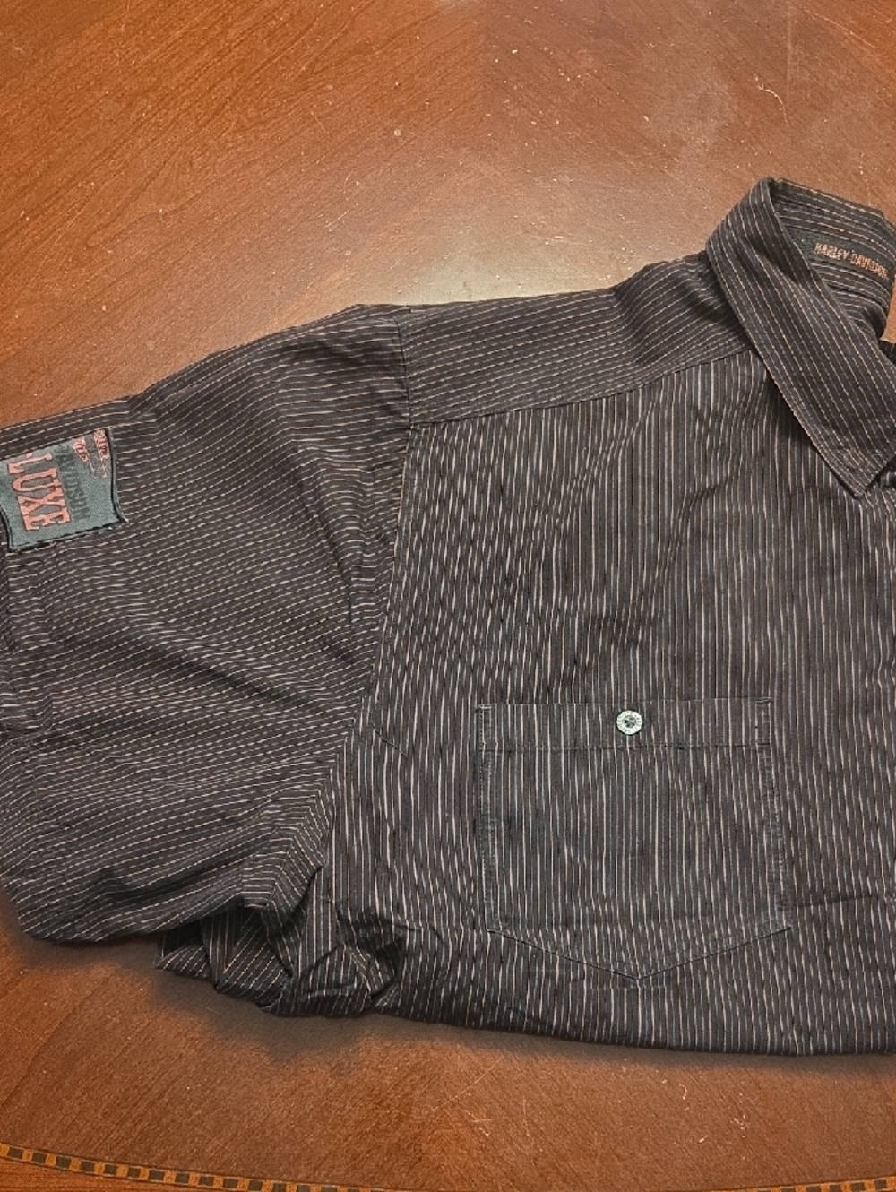 Harley-Davidson Brown Button-Down Shirt with Thin Tan Pinstripes - Picture 5 of 7
